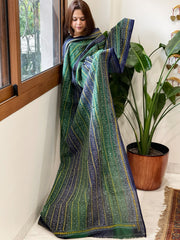 Blue and Green Handmade Kantha Dupatta in Silk