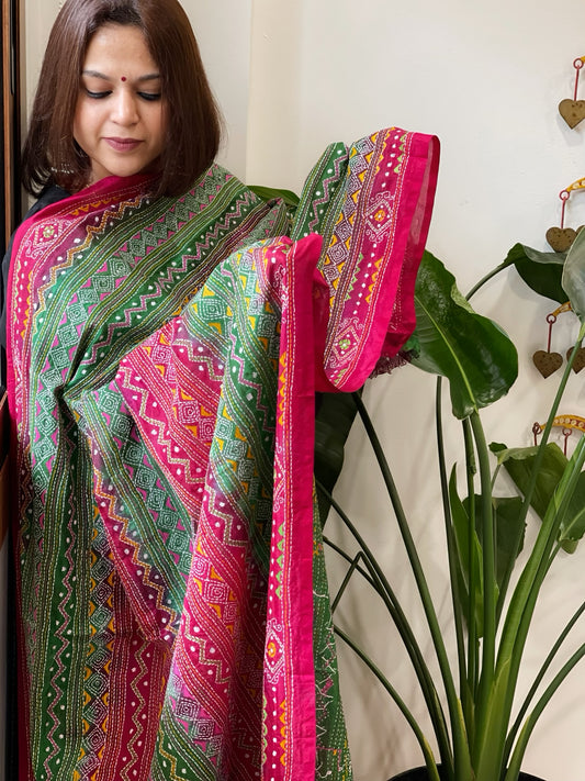 Green and Pink Handmade Kantha Dupatta in Silk