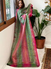 Green and Pink Handmade Kantha Dupatta in Silk