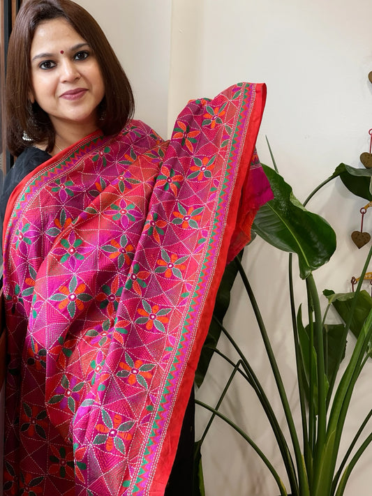 Orange and Pink Handmade Kantha Dupatta in Silk