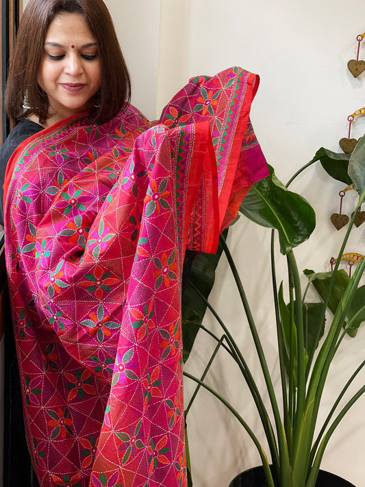 Orange and Pink Handmade Kantha Dupatta in Silk