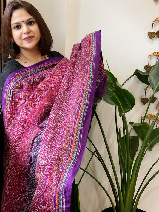 Purple and Pink Handmade Kantha Dupatta in Silk