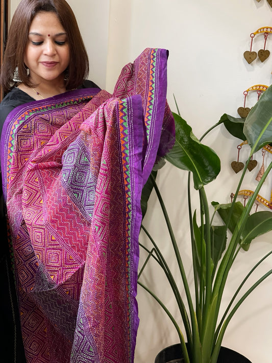Purple and Pink Handmade Kantha Dupatta in Silk