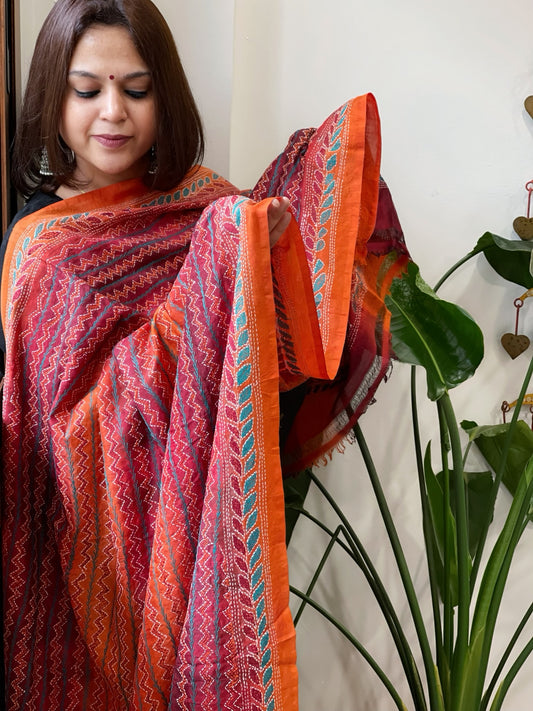 Orange and Maroon Handmade Kantha Dupatta in Silk