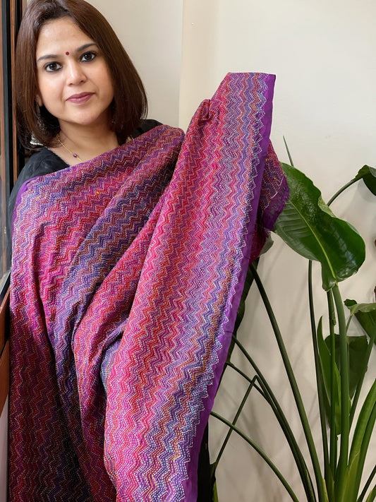 Pink and Purple Handmade Kantha Dupatta in Silk