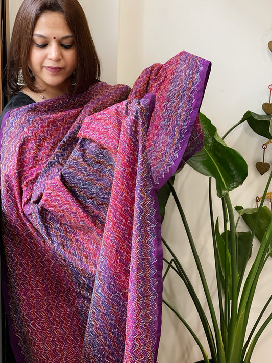Pink and Purple Handmade Kantha Dupatta in Silk