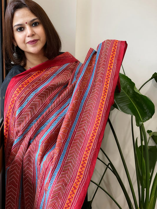 Red Handmade Kantha Dupatta in Silk
