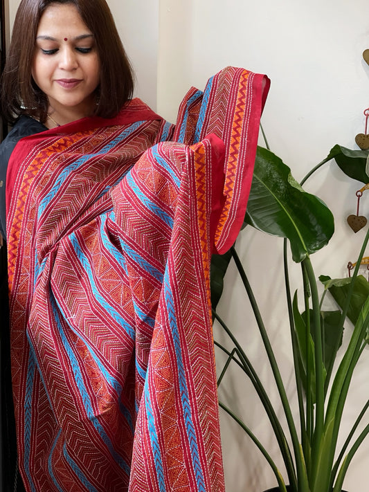 Red Handmade Kantha Dupatta in Silk
