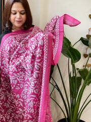 Pink Handmade Nakshi Kantha Dupatta in Pure Silk