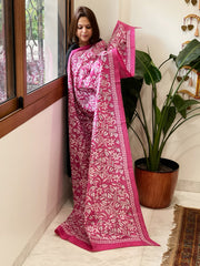 Pink Handmade Nakshi Kantha Dupatta in Pure Silk
