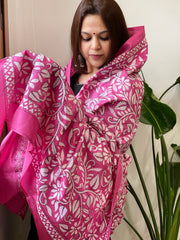 Pink Handmade Nakshi Kantha Dupatta in Pure Silk