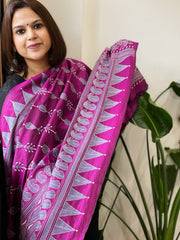 Purplish Magenta Handmade Nakshi Kantha Dupatta in Pure Silk