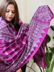 Purplish Magenta Handmade Nakshi Kantha Dupatta in Pure Silk