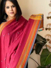 Pinkish Red Handwoven Bhujodi Dupatta with Mirror & Thread Handwork in Cotton