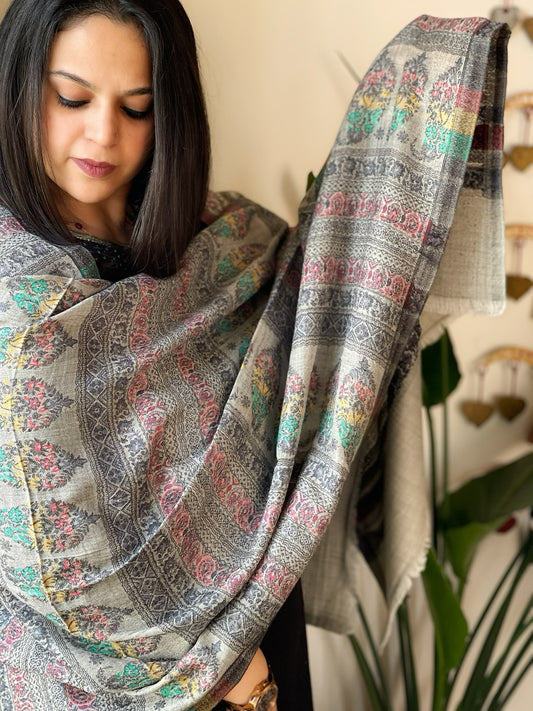 Dark Grey Woven Kaani Jaal Pashmina Stole