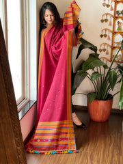 Pinkish Red Handwoven Bhujodi Dupatta with Mirror & Thread Handwork in Cotton