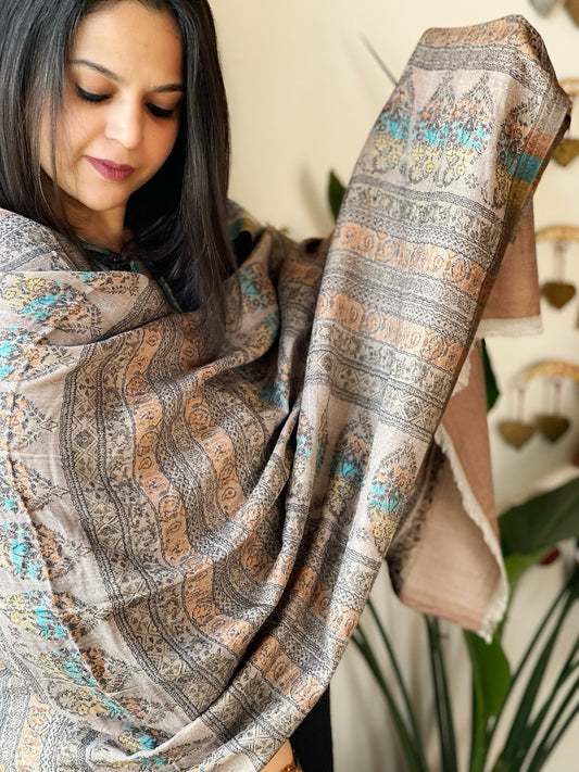 Lite Brown Woven Kaani Jaal Pashmina Stole