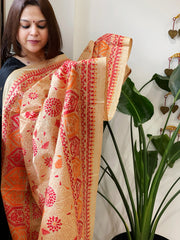 Beige Handmade Nakshi Kantha Dupatta in Pure Silk