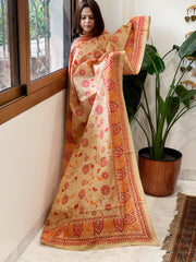 Beige Handmade Nakshi Kantha Dupatta in Pure Silk