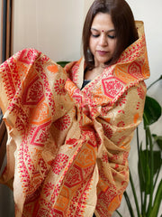 Beige Handmade Nakshi Kantha Dupatta in Pure Silk