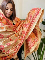 Beige Handmade Nakshi Kantha Dupatta in Pure Silk