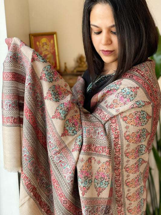 Lite Brown Woven Kaani Jaal Pashmina Stole