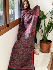Black Handmade Revser Nakshi Kantha Dupatta in Pure Silk