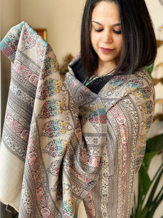 Greyish Brown Woven Kaani Jaal Pashmina Stole