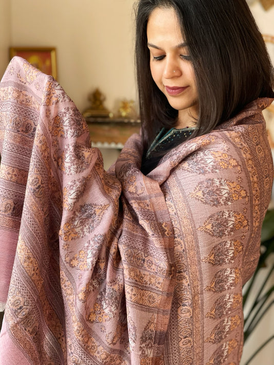 Dark Pink Woven Kaani Jaal Pashmina Stole