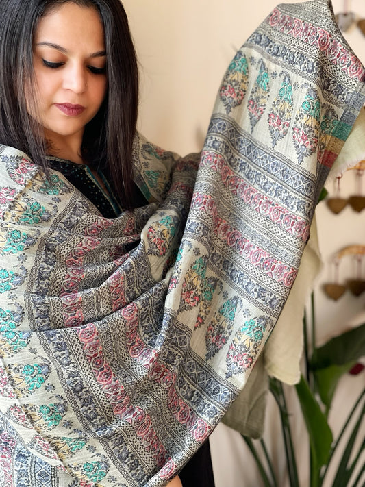 Pista Green Woven Kaani Jaal Pashmina Stole