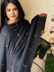 Black Handwoven Bhujodi Dupatta with Mirror & Thread Handwork in Cotton