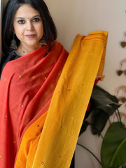 Orange, Yellow Handwoven Bhujodi Dupatta with Mirror & Thread Handwork in Cotton