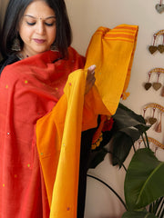 Orange, Yellow Handwoven Bhujodi Dupatta with Mirror & Thread Handwork in Cotton