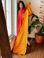 Orange, Yellow Handwoven Bhujodi Dupatta with Mirror & Thread Handwork in Cotton