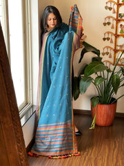 Teal Handwoven Bhujodi Dupatta with Mirror & Thread Handwork in Cotton