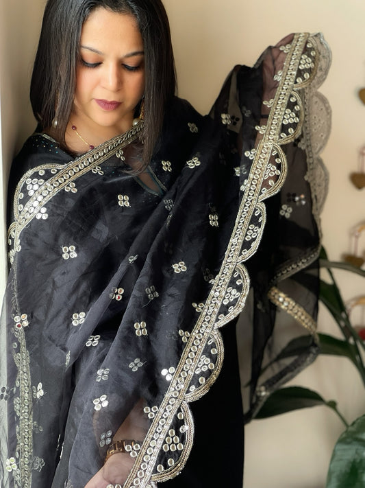 Black Organza Dupatta with Foil Mirror Work