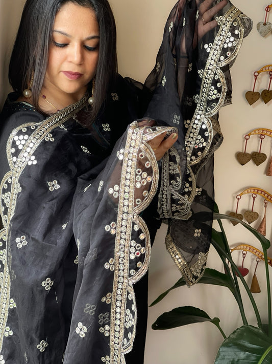 Black Organza Dupatta with Foil Mirror Work