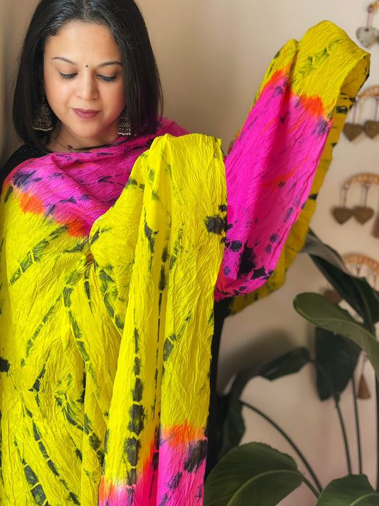 Yellow, Pink Handmade Tie Dye Dupatta in Mulberry Silk