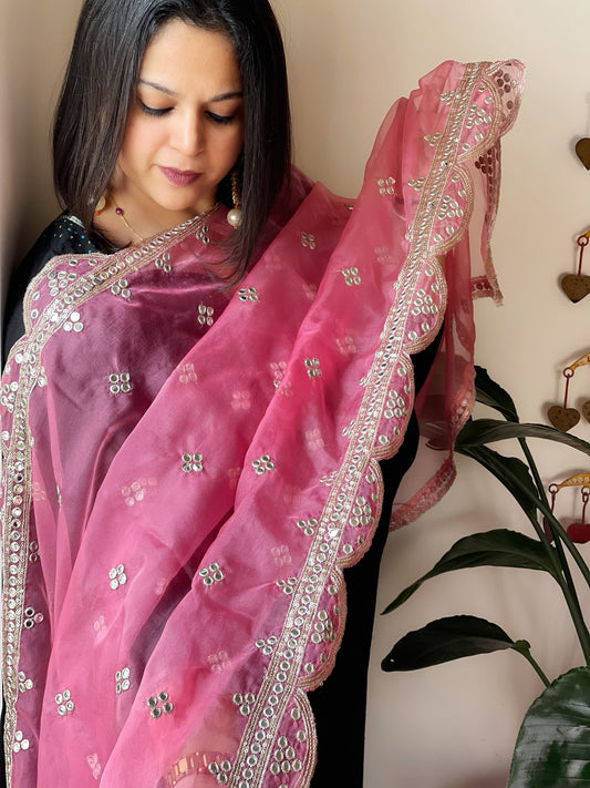 Pink Organza Dupatta with Foil Mirror Work