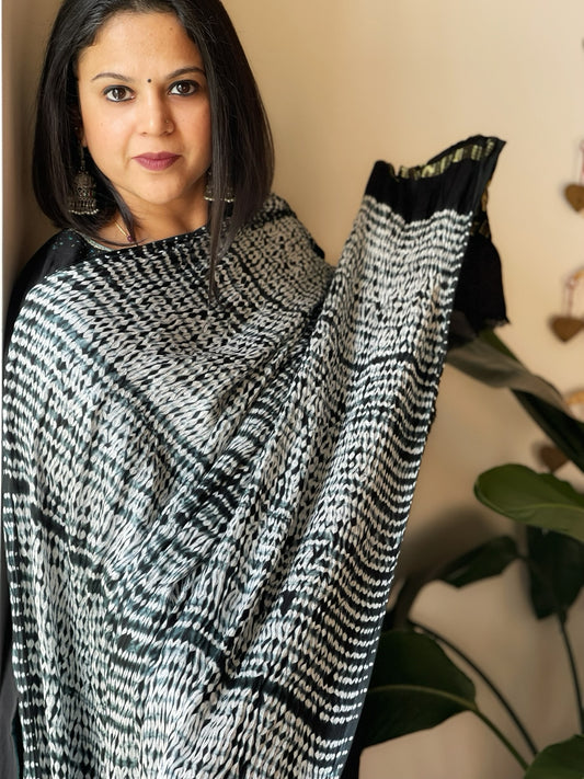 Black Handmade Shibori Dupatta in Modal Silk