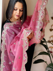 Pink Organza Dupatta with Foil Mirror Work