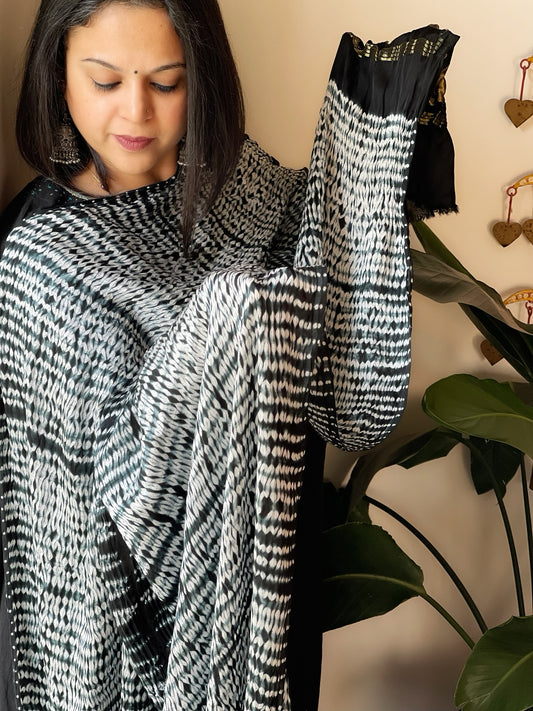 Black Handmade Shibori Dupatta in Modal Silk