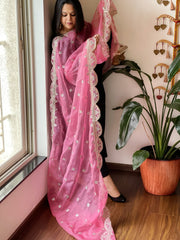 Pink Organza Dupatta with Foil Mirror Work