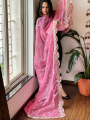 Pink Organza Dupatta with Foil Mirror Work