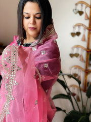 Pink Organza Dupatta with Foil Mirror Work