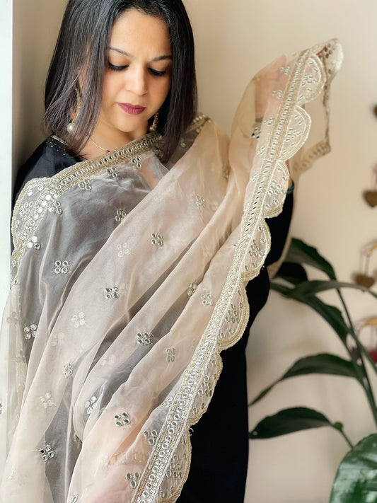 Peach Organza Dupatta with Foil Mirror Work