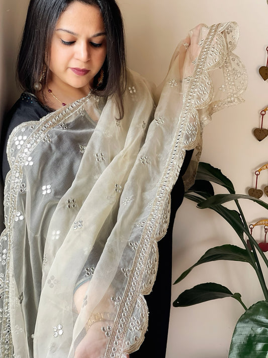 Cream Organza Dupatta with Foil Mirror Work