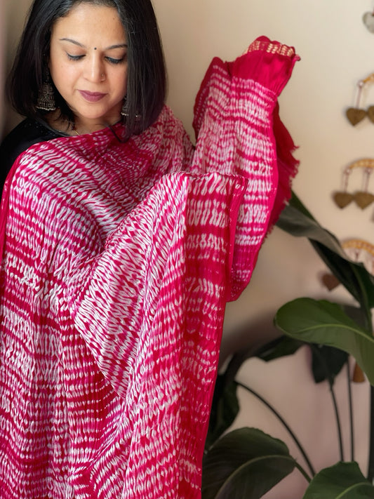 Pink Handmade Shibori Dupatta in Modal Silk