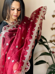 Maroon Organza Dupatta with Foil Mirror Work