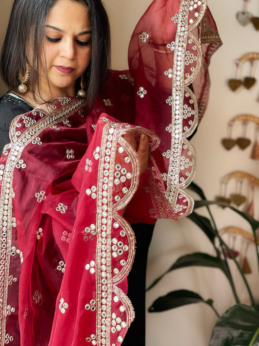 Maroon Organza Dupatta with Foil Mirror Work